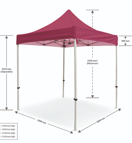 A tent displaying its dimensions and specifications for the canopy design.