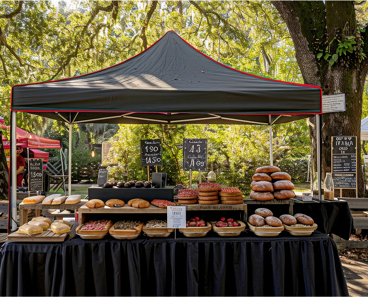 A wine tasting tent set up outdoors, featuring tables with wine glasses and bottles, surrounded by greenery and guests.