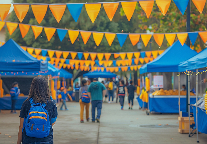 A woman strolls through a vibrant market adorned with blue and orange flags fluttering overhead.