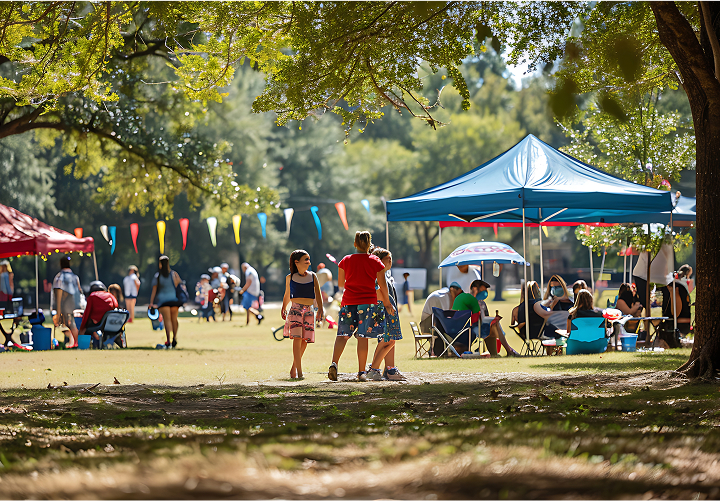 A diverse group of people gathered under a large tent, engaged in conversation and enjoying the outdoor event.