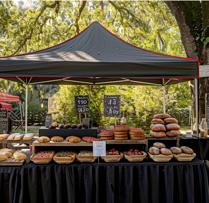 A table laden with various dishes and food items, set up under a large tent for an outdoor gathering.