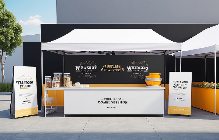 A white tent featuring a bold yellow and black design, set against a neutral background.