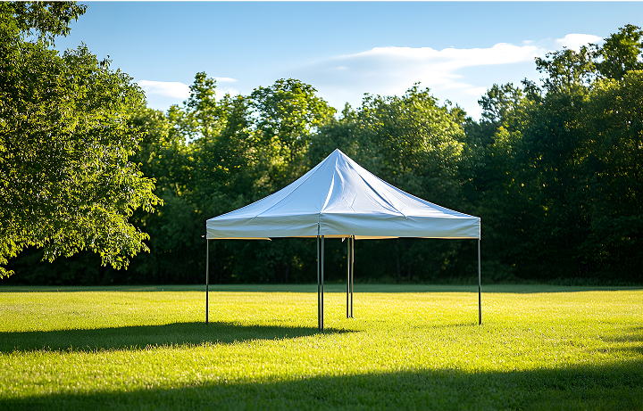 A white tent set up in the center of a grassy field under a clear blue sky.