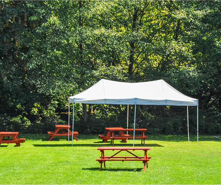 A tent and several picnic tables set up in a lush grassy field, ideal for outdoor gatherings and events.