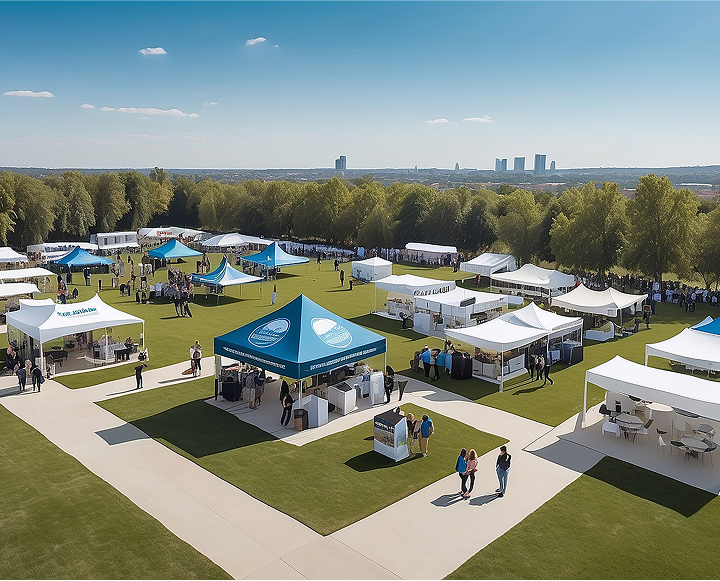 Aerial view of a large outdoor event featuring numerous tents and a crowd of people engaged in various activities.