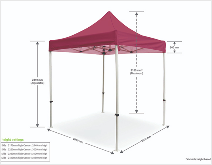 Red tent displayed with visible measurements and dimensions, showcasing its size and design features for potential users.